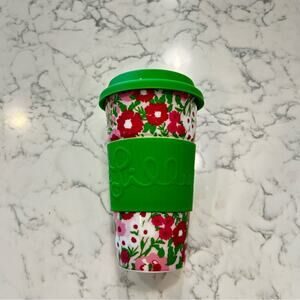 Lilly Pulitzer Floral Print Ceramic Mug Green Pink White w/ Silicone Sleeve